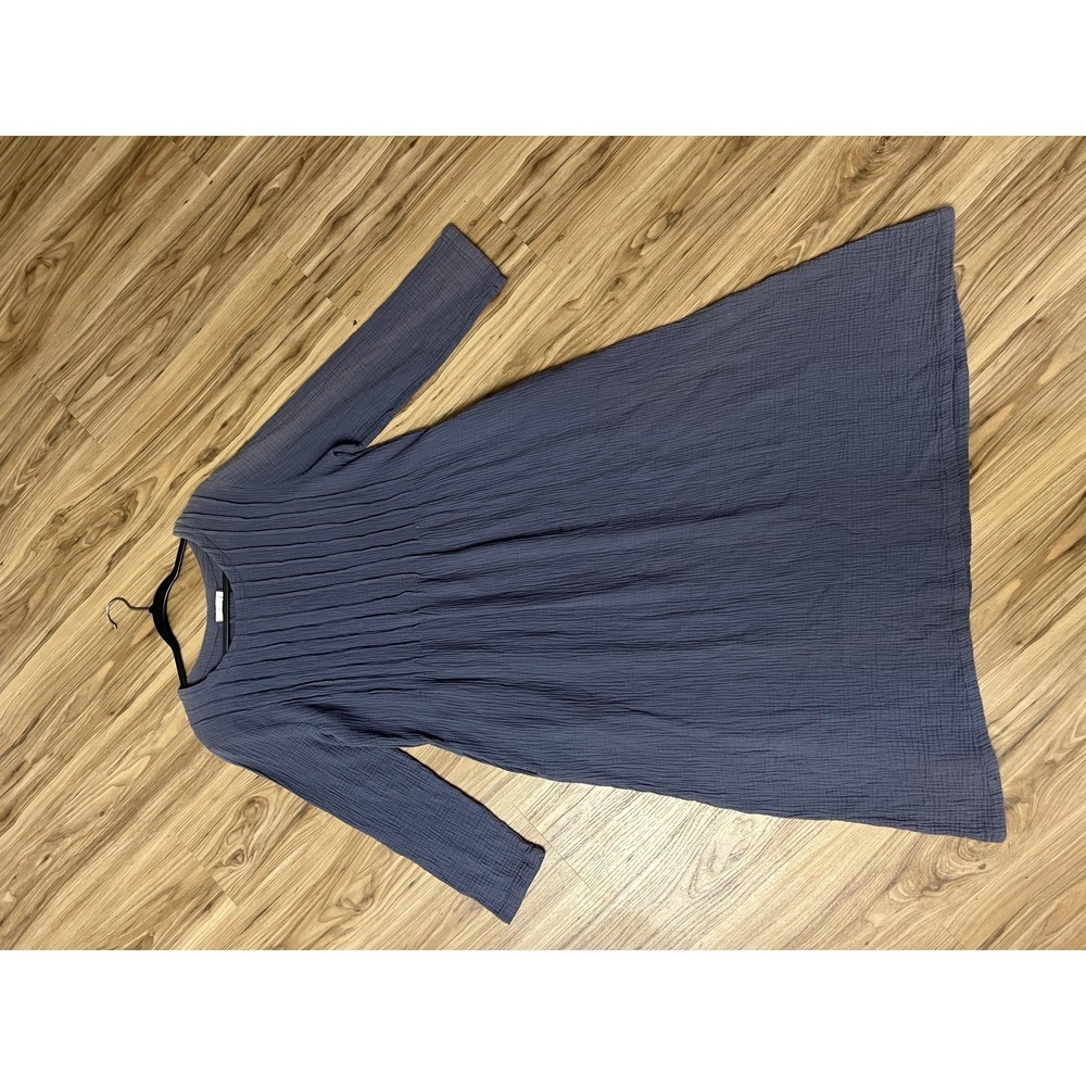 Weaver Dress Womens Large Blue Gray Long Sleeve Crinkle Cotton Pleated Boho